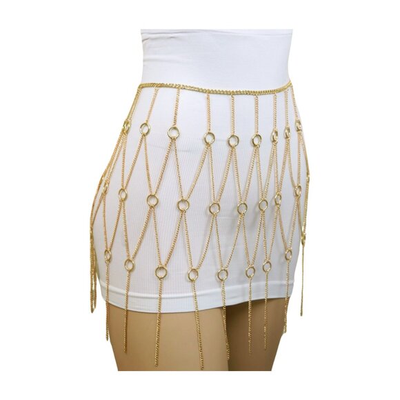 Women Gold Metal Chain Circle Rings Skirt Long Tassel Sexy Belt High Waist S M - Picture 13 of 17